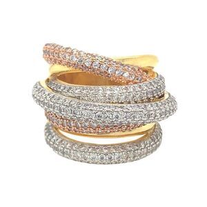 Tri color Wide Multi Pave Overlap Chucky Gold Plated Stackable cocktail ring